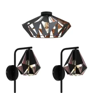 Image of Low Ceiling Light & 2x Matching Wall Lights Black & Copper Geometric Shade