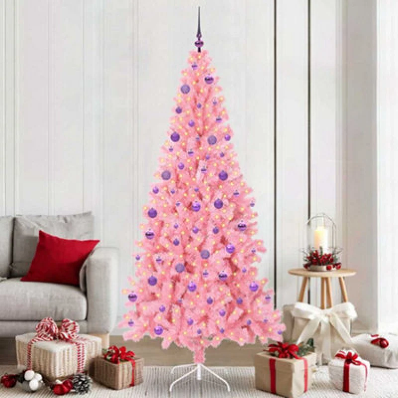 Image of vidaXL Christmas Tree with 300 LEDs, Lilac Balls with Stand Pink 210cm PVC, Pink 3396444