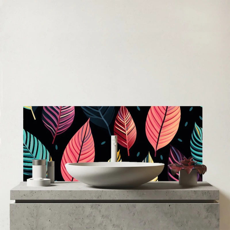Image of Warren Reed - Designer Colourful Leaves Pattern Glass Bathroom Splashback in Pink Pink Unisex