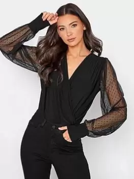 Image of Long Tall Sally Spot Mesh Sleeve Bodysuit - Black, Size 16, Women