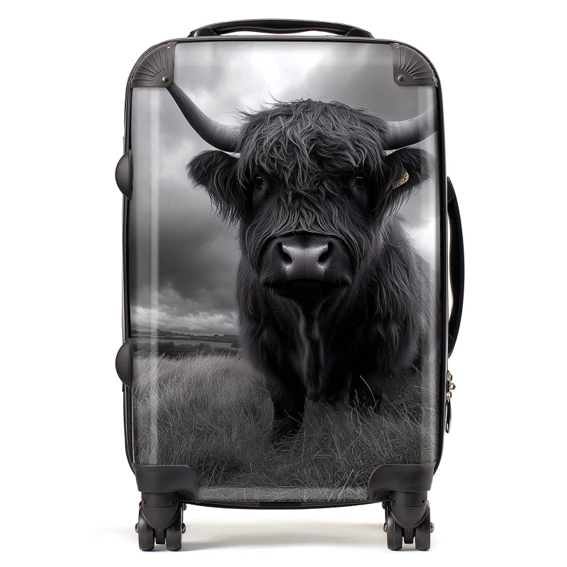 Image of Warren Reed - Designer Black & White Highland Cow Suitcase in Grey Size: Cabin Grey Unisex Cabin