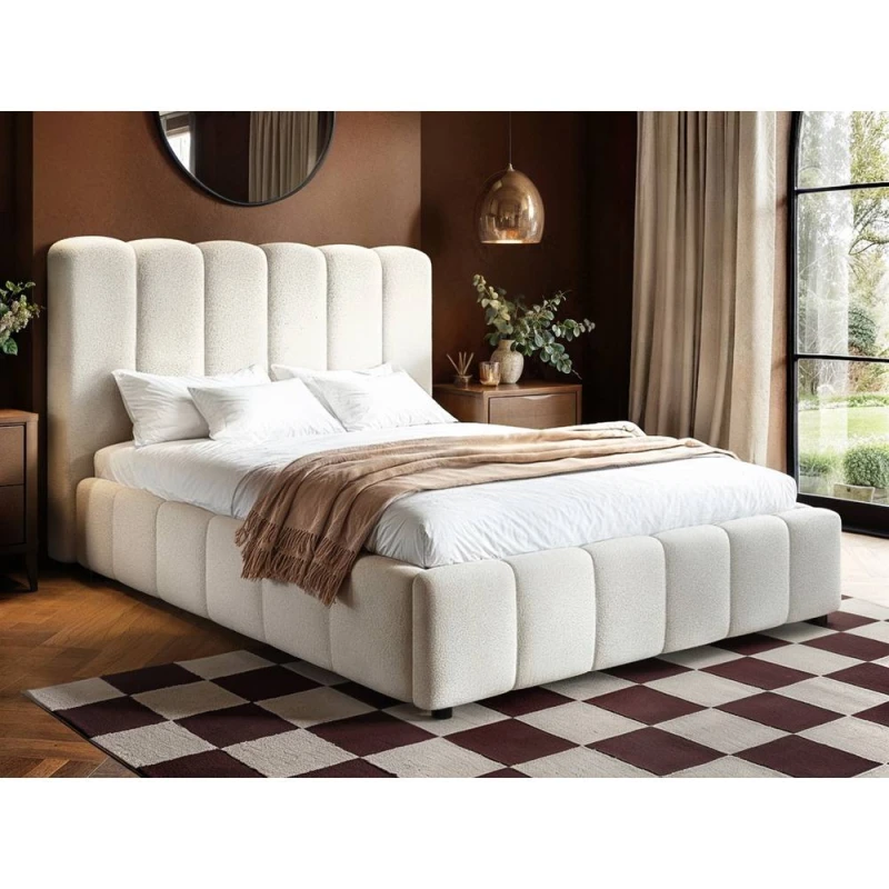 Image of Solace+Co Emilie Ribbed Ottoman Bed Cream Boucle Size: Double Cream Unisex Double