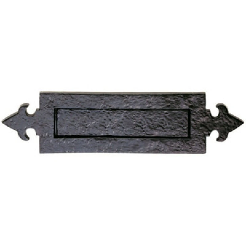 Image of Loops Fleur de Lys Design Letterbox Plate 250mm Fixing Centres Black Antique Finish Black