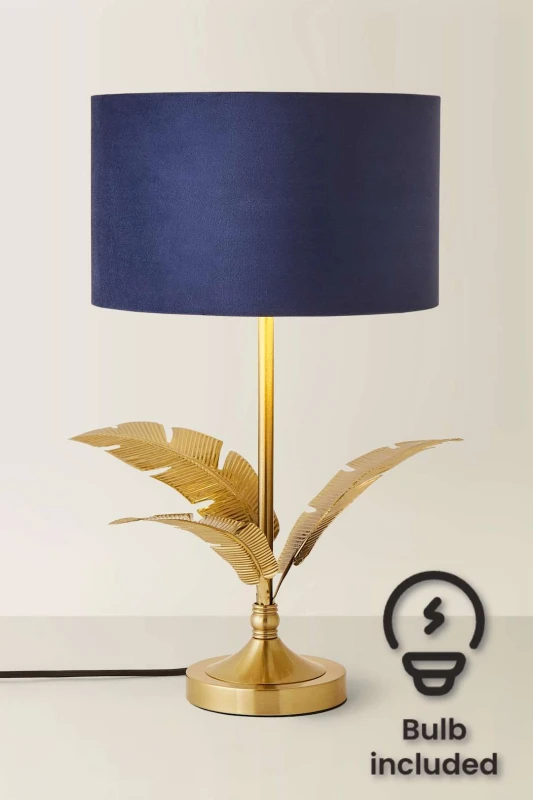 Image of ValueLights ValueLights Christina Velvet with Gold Inner Drum Shade Gold Palm Leaf Table Lamp with Bulb in Navy Navy One Size Unisex 5059406067303
