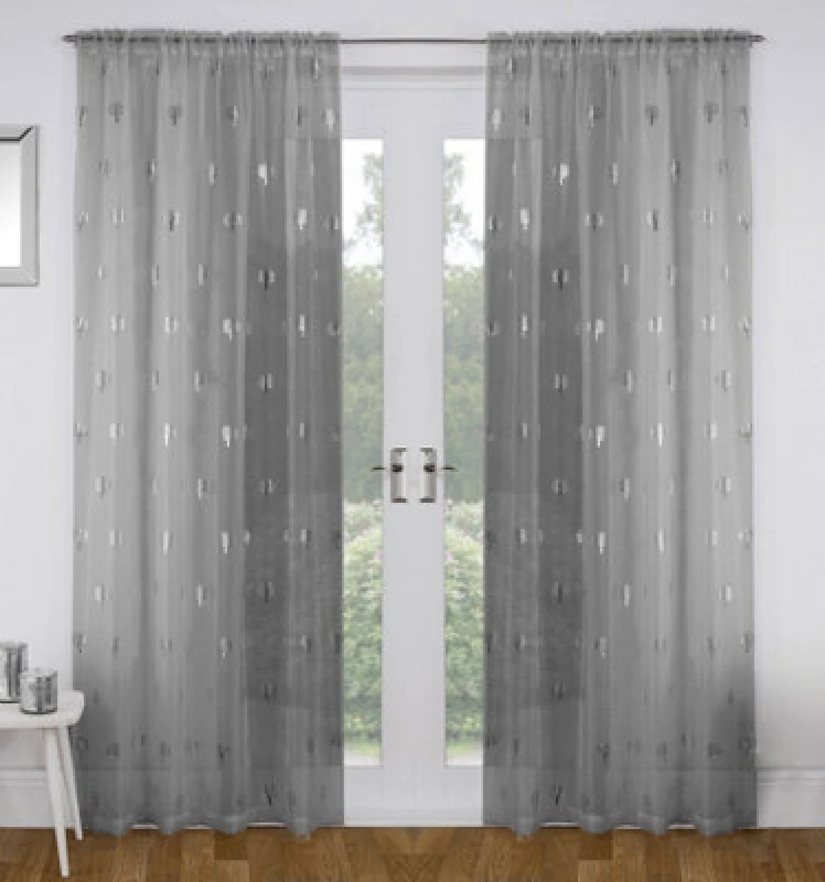 Image of Tyrone Textiles Birch Grey Metallic Tree Print Linen-Look Voile Panel - Pair 140 X 229Cm (55X90")