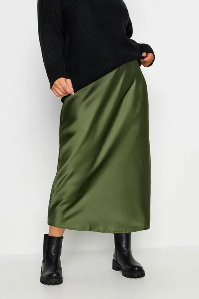 Image of Yours Satin Midi Skirt Green