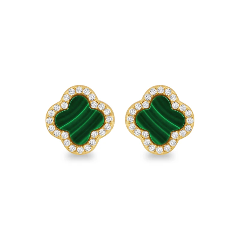 Image of Be You Silver Gold Plated Clover Malachite & CZ Studs Earrings One Size Yellow Gold Plated 72734390000