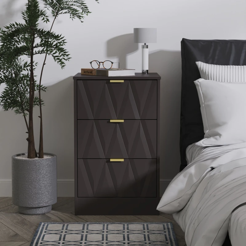 Image of Welcome Furniture Ready Assembled Las Vegas 3 Drawer Bedside Cabinet In Graphite LVF001GBGB