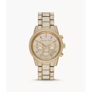 Image of Michael Kors Womens Ritz Three-Hand Glitz Gold-Tone Stainless Steel Watch - Gold