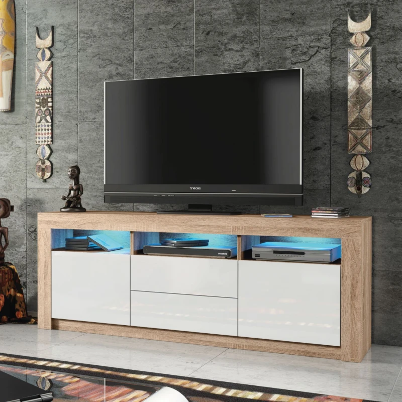 Image of Mex Furniture LTD TV Unit 160cm Modern - Matt Body & Gloss Doors in Light Oak Light Oak Unisex