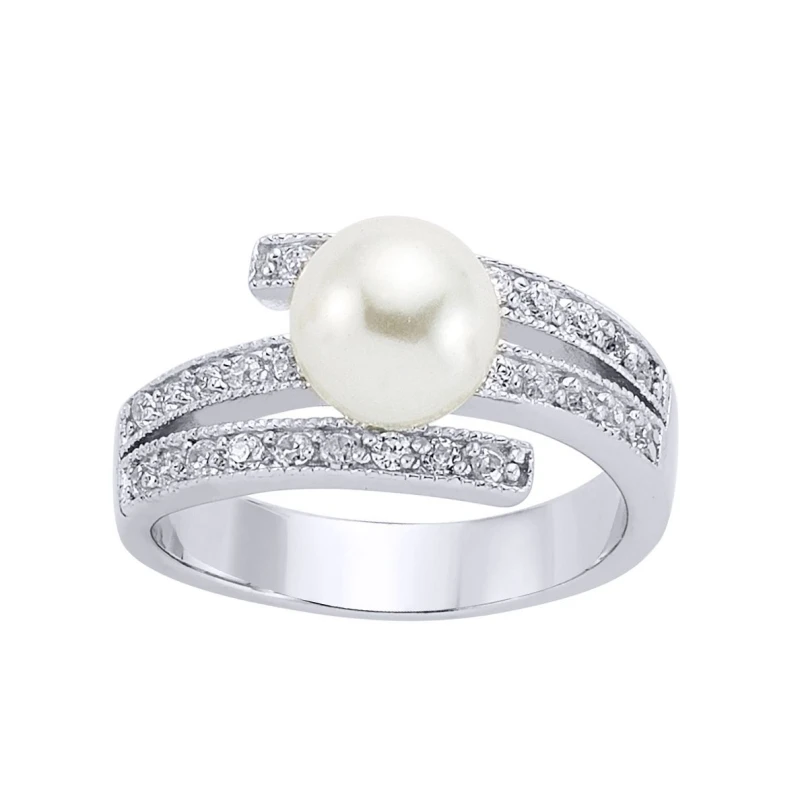 Image of Jewelco London Silver CZ Pearl Crossover Full Moon Dress Ring 9mm - GVR232 Silver