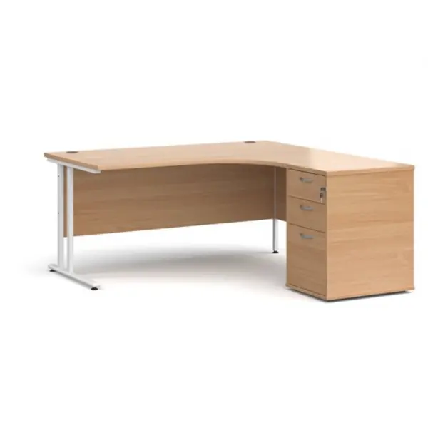 Image of Office Desk Right Hand Corner Desk 1600mm With Pedestal Beech Top With White Frame Maestro 25