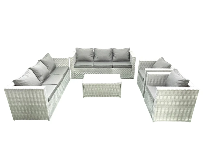 Image of Fimous Outdoor Rattan Sofa Garden Furniture Set with 2 Armchairs Oblong Coffee Table Light Grey Mixed Light Grey