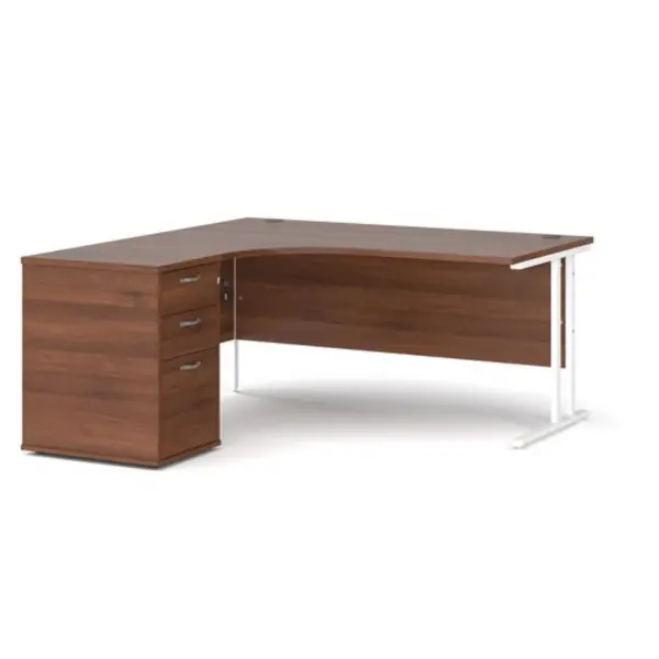 Image of Office Desk Left Hand Corner Desk 1600mm With Pedestal Walnut Top With White Frame Maestro 25