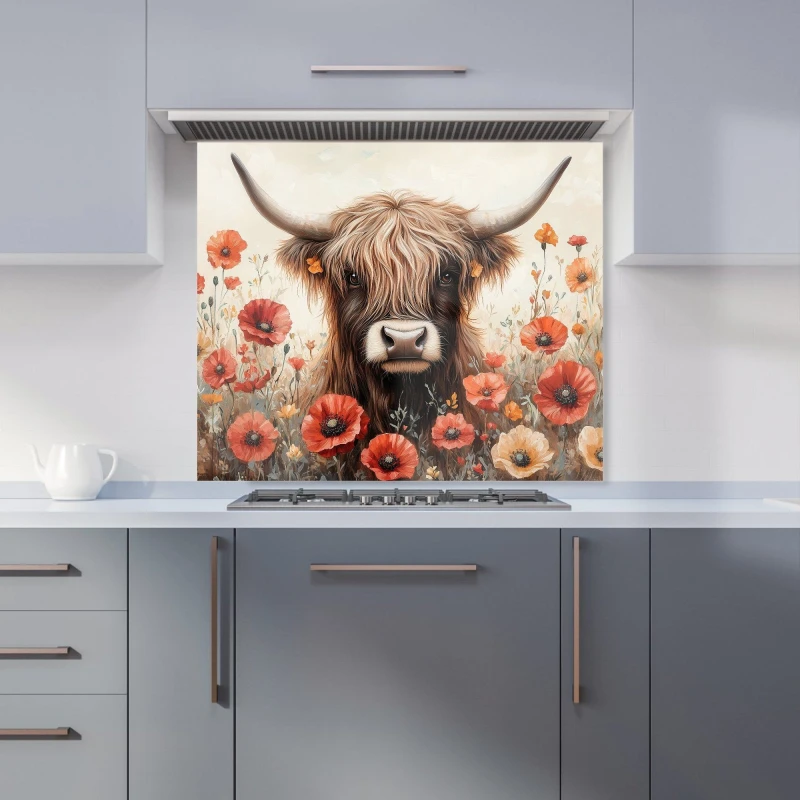 Image of Warren Reed - Designer Highland Cow & Summer Flowers Kitchen Splashback Size: 900mm x 750mm Multicolor Unisex 900mm x 750mm