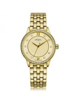 Image of Rotary Exclusive Textured Champagne Swarovski Set Dial Gold Stainless Steel Bracelet Ladies Watch
