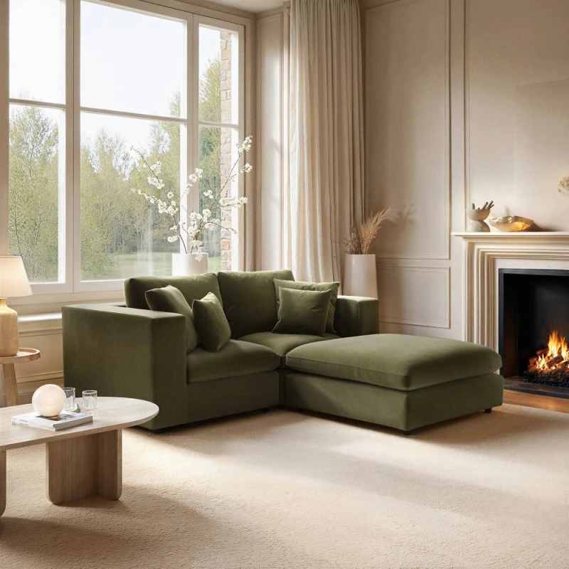 Image of Solace+Co Asher 3 Seater Sofa with Reversible Footstool in Green Green Unisex