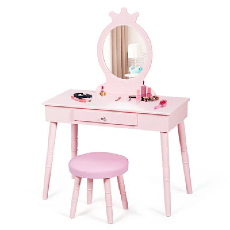Image of Costway Kids Vanity Table Set Makeup Dressing Table With Cushioned Stool-Pink