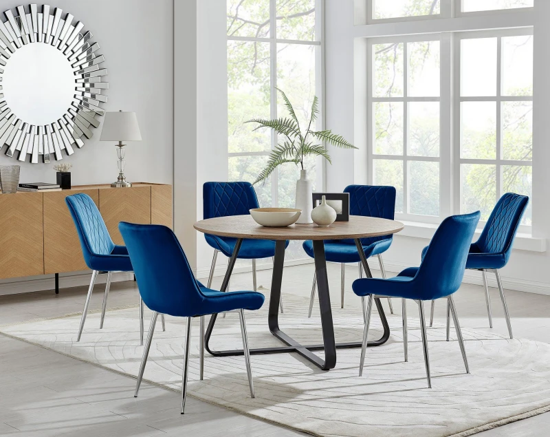 Image of FurnitureboxUK FurnitureboxUK Santorini Brown Round Dining Table And 4/6 Pesaro Silver Leg Chairs in Navy Navy One Size Unisex 5056542678530