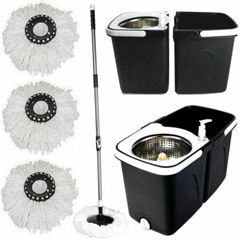 Image of Gr8 Home Black Space Saving 360 Degree Rotating Dual Spin Dry Mop & Bucket 3 Microfibre Heads
