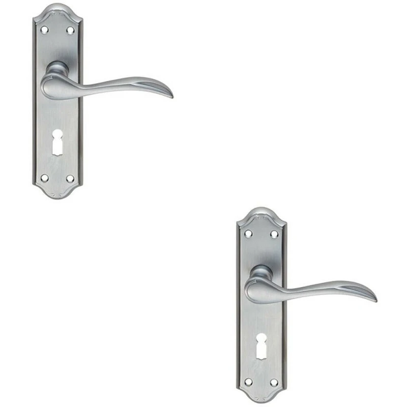 Image of Loops 2x PAIR Curved Door Handle Lever on Lock Backplate 180 x 45mm Satin Chrome Multi