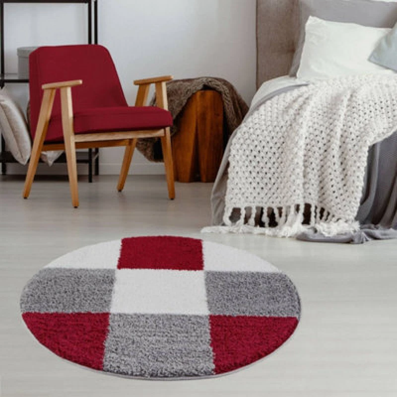 Image of THE RUGS Fluffy & Soft Shaggy Rugs Living Room Rug in Red - Elegant Geometric Design Carpets For Bedrooms & Kitchen 381 Size: 120cm diameter Red