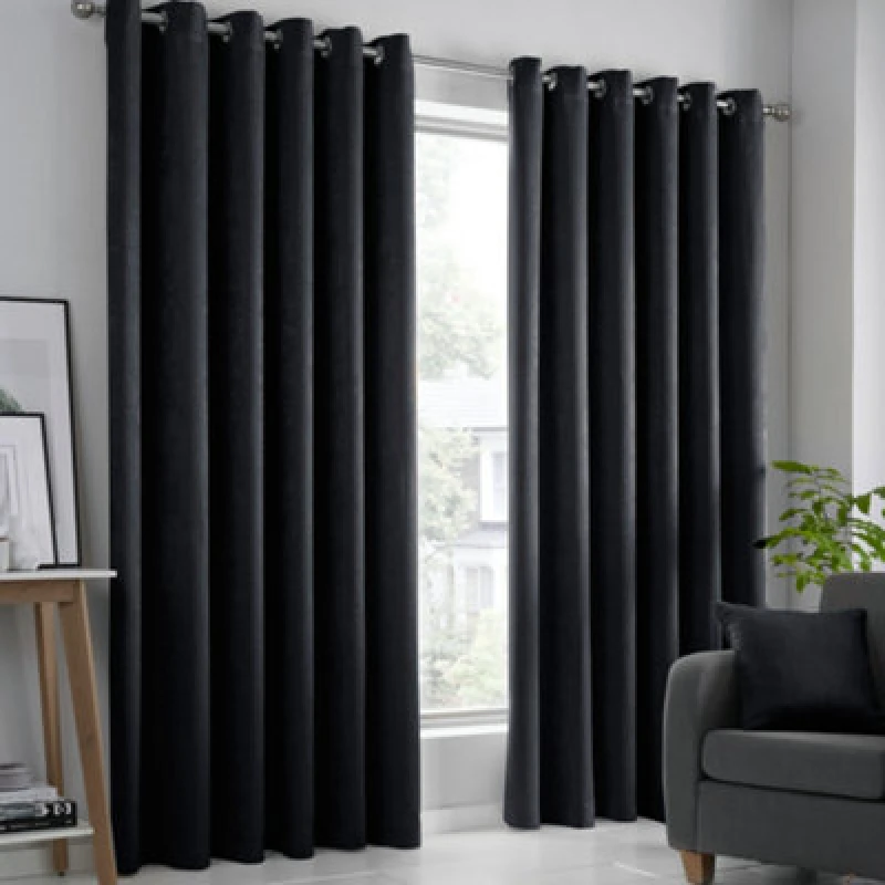 Image of Fusion Strata Dim Out Self Lined Eyelet Curtains - Black One Size