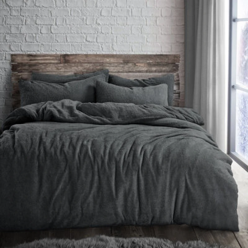 Image of Velosso Teddy Fleece Duvet Cover & Pillowcase Set - Button Enclosure, Machine Washable Bedroom Essentials - Charcoal