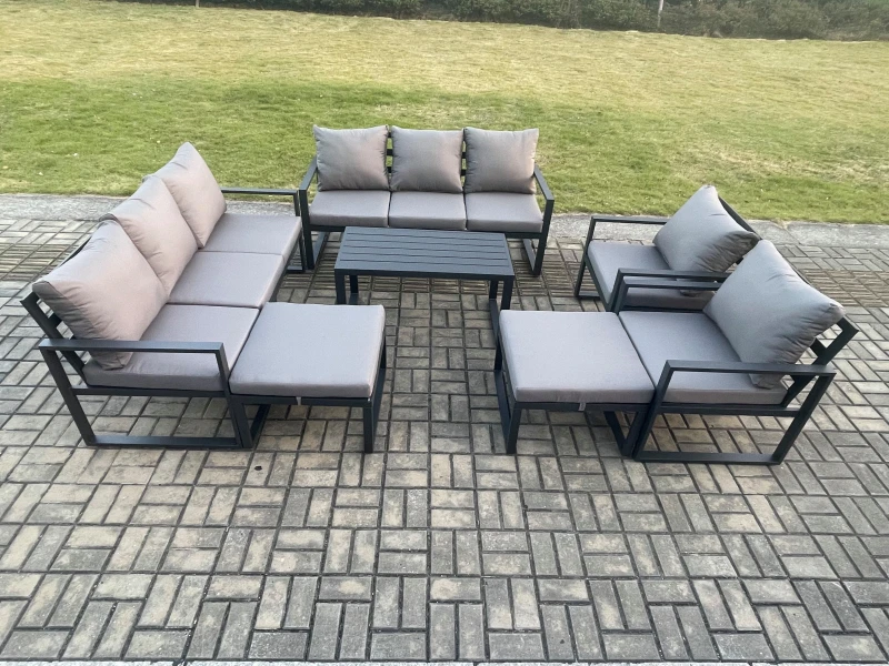 Image of Fimous Aluminium Outdoor Garden Furniture Lounge Sofa 2 PC Chairs Oblong Coffee Table Sets with 2 Big Footstools Dark Grey Dark Grey Unisex