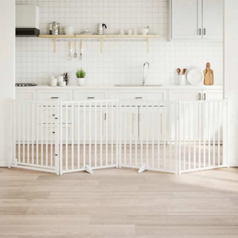 Image of Vidaxl Dog Gate With Door Foldable 4 Panels White 320 Cm Solid Wood Fir