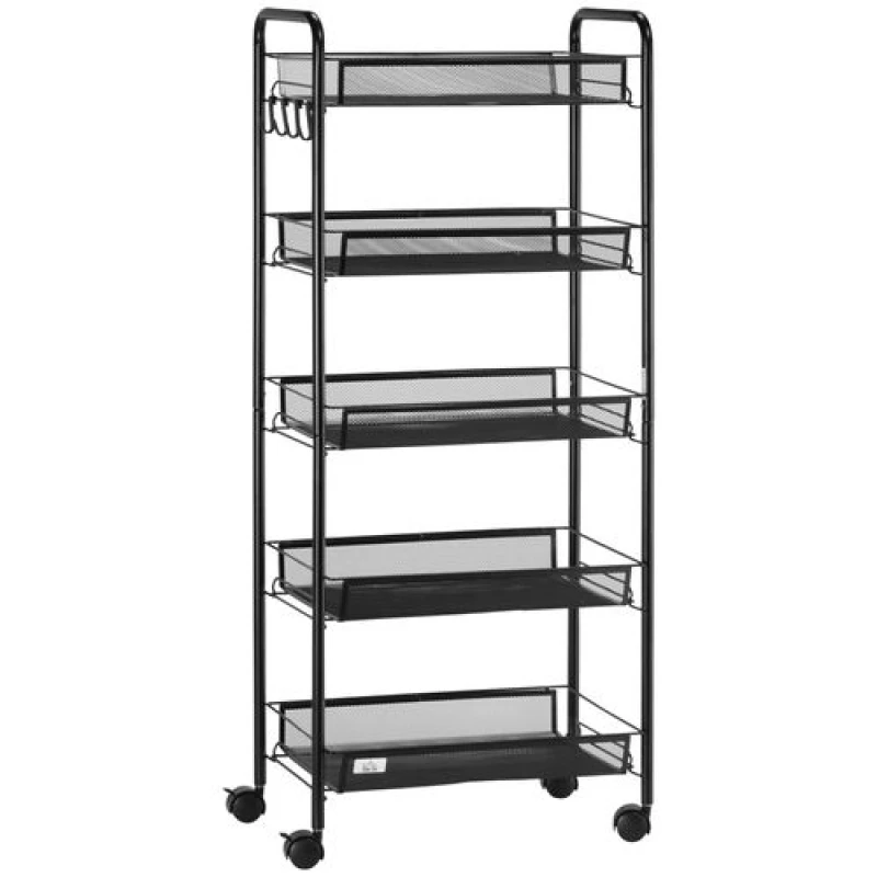 Image of Homcom 5 Tier Utility Rolling Cart With Removable Mesh Baskets, Black 850-164