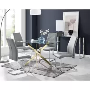 Image of Furniturebox Leonardo 120cm Modern Glass And Gold Metal Leg Dining Table And 4 Elephant Grey Lorenzo Faux Leather Silver Chrome Leg Dining Chairs