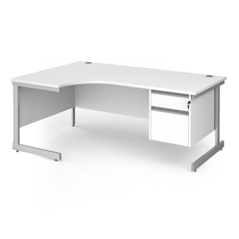 Image of Contract 25 Office Desk Left Hand Corner Desk 1800mm With Pedestal White Top With Silver Frame 1200mm Depth Contract 25 CC18EL2-S-WH CC18EL2-