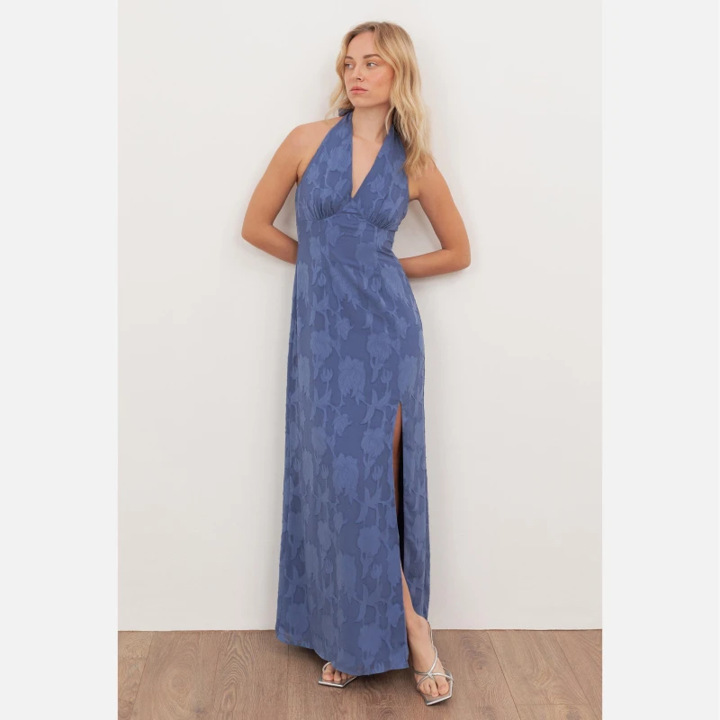 Image of Anaya with Love Womens Floral Burnout Halter Neck Maxi Dress in Blue Size: 12 Blue Female 12