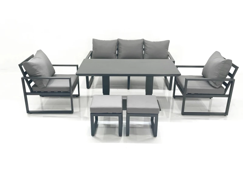 Image of Fimous Outdoor Aluminium Garden Furniture Set with Adjustable Rising Lifting Dining Table 3 Seater Sofa 2 Chair 2 Small Footstools Dark Grey Dark Grey