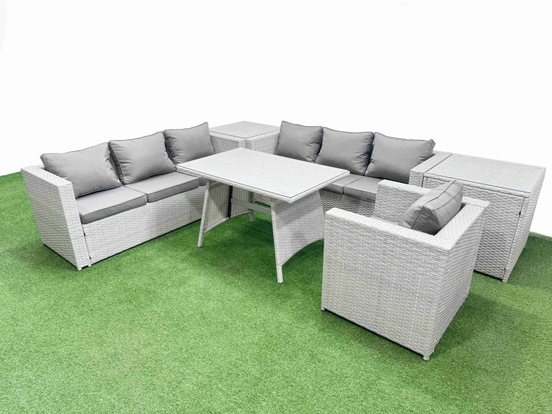 Image of Fimous 7-seater Patio 3 Seater Sofa Armchair Set with 2 Side Tables in Light Grey Light Grey Unisex