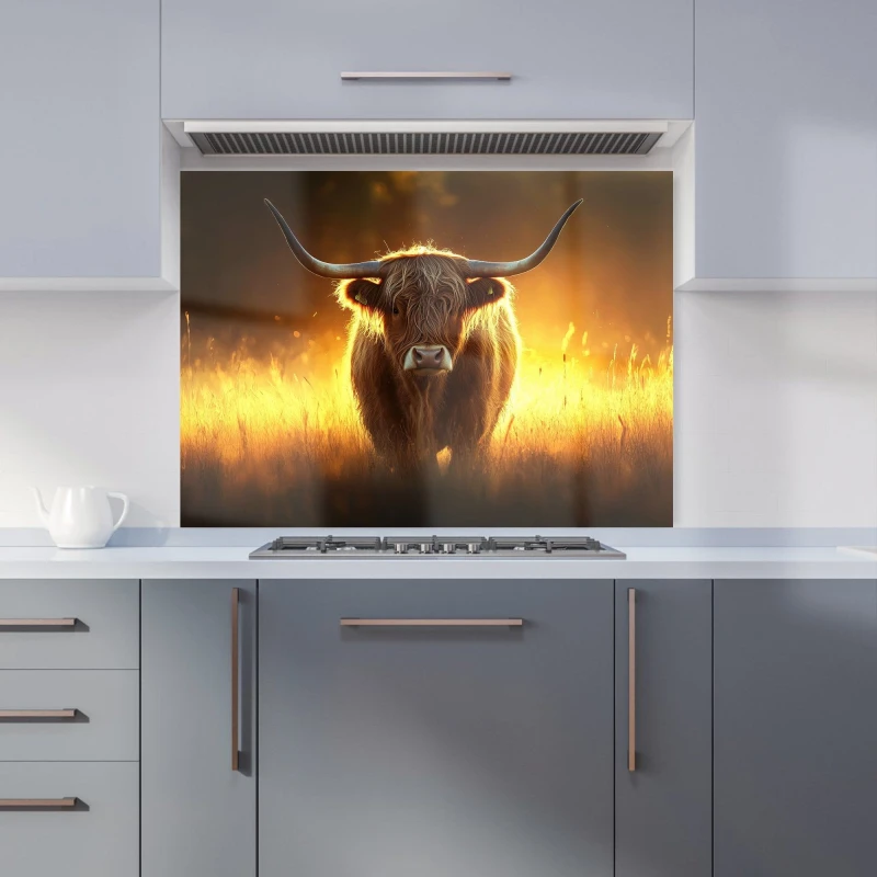 Image of Warren Reed - Designer Highland Cow Sunset Kitchen Splashback in Orange Size: 900mm x 650mm Orange Unisex 900mm x 650mm