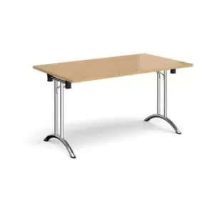 Image of Rectangular folding leg table with chrome legs and curved foot rails 1400mm x 800mm - oak