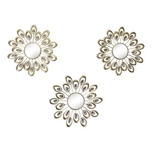 Image of Set of 3 Gold Metal Jewelled Feather Accent Mirrors