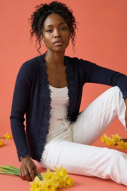 Image of Roman Lace Trim Knit Cardigan Navy