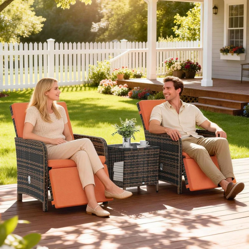Image of OUTSUNNY 3 Pieces Rattan Bistro Set w/ Adjustable Backrest - Orange Orange Unisex