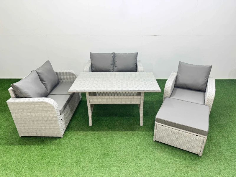 Image of Fimous High Back Poly Rattan Garden Furniture Set with Reclining Chair Loveseat Sofa Rectangular Dining Table Indoor Outdoor Patio Set Big Stool Ligh