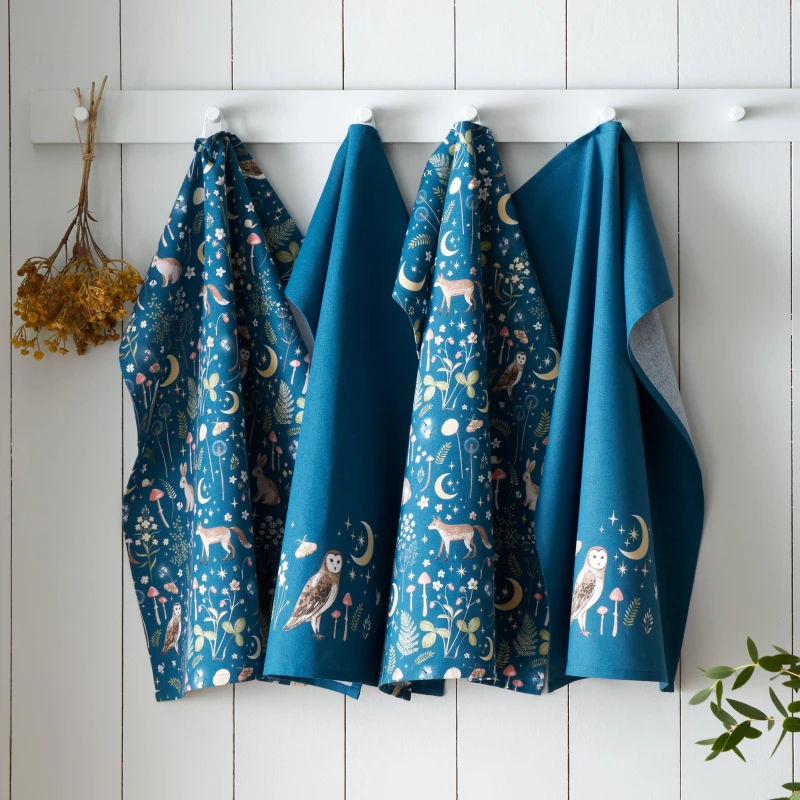 Image of Catherine Lansfield Enchanted Twilight Kitchen Tea Towel Pack of 4 Navy Blue unisex 50x70cm