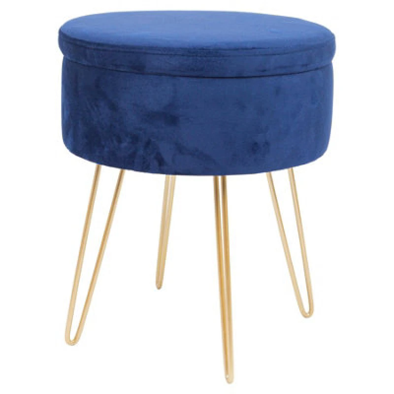 Image of Harbour Housewares Velvet Storage Footstool - Round Modern Dressing Table Footstool Vanity Seat Chair - 45 X 36Cm - Blue/gold