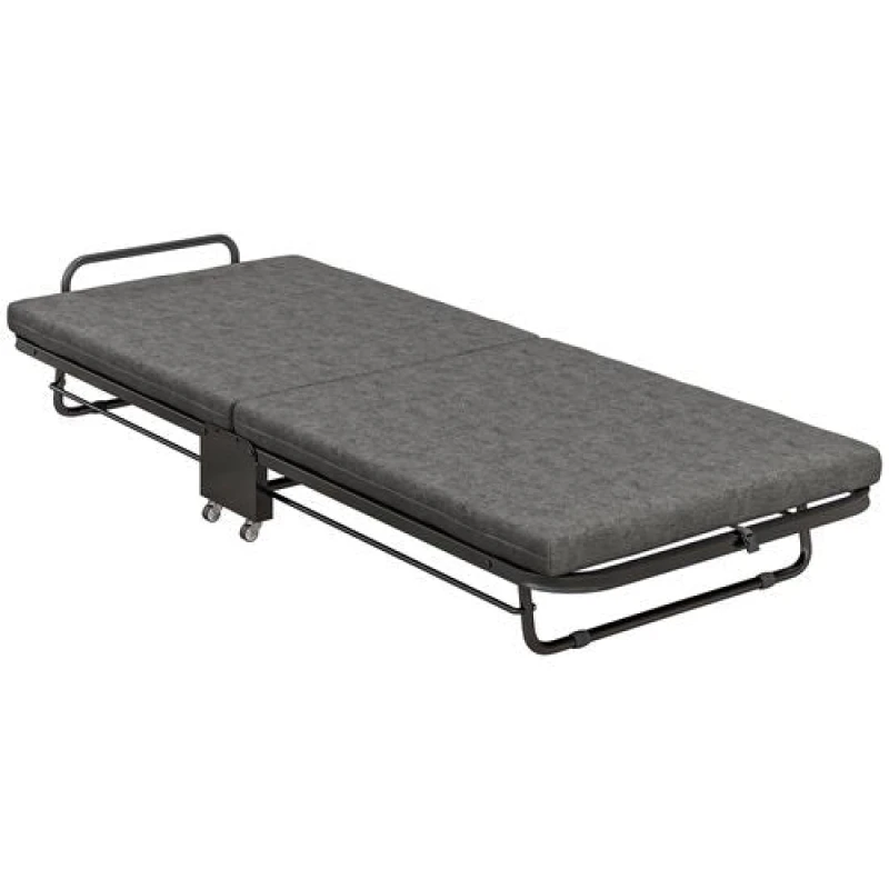 Image of HOMCOM Single Folding Bed w/ Mattress Foldable Guest Bed on Wheels, Grey 831-877V70GY