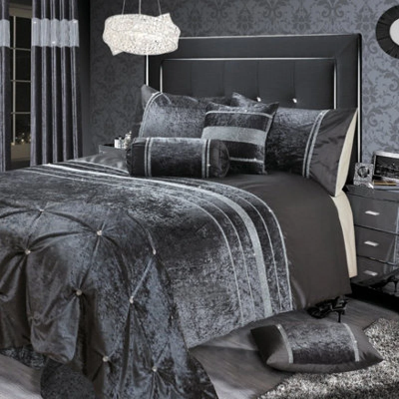 Image of Intimates Elegant Crushed Velvet & Faux Silk Duvet Cover Set With Pillowcases, Chic & Sophisticated Bedroom Set, Machine Washable - Charcoal