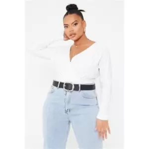 Image of I Saw It First White Plus Size Long Sleeve Plunge Wrap Bodysuit - White