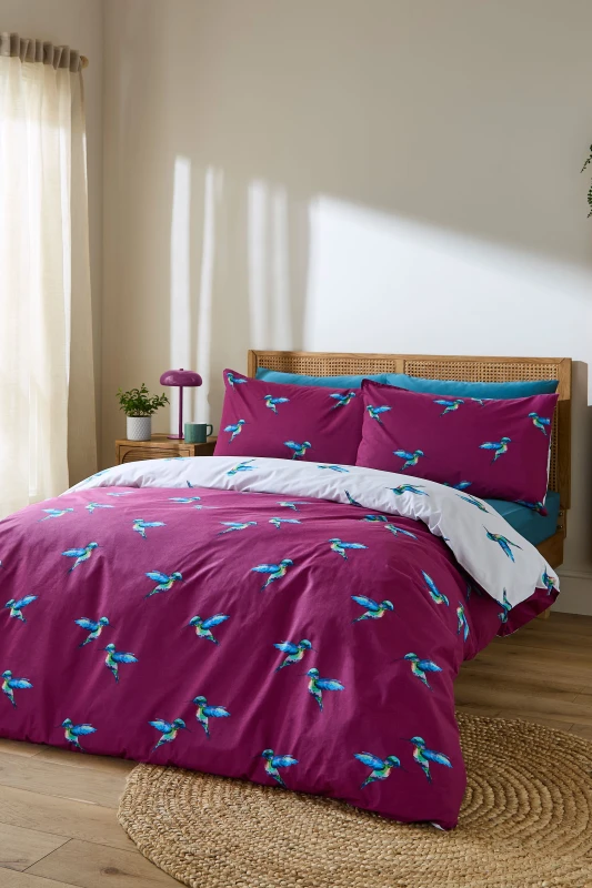 Image of Their Nibs 'Hummingbird' Cotton Reversible Duvet Cover Set in Plum Size: Super King Plum Unisex Super King