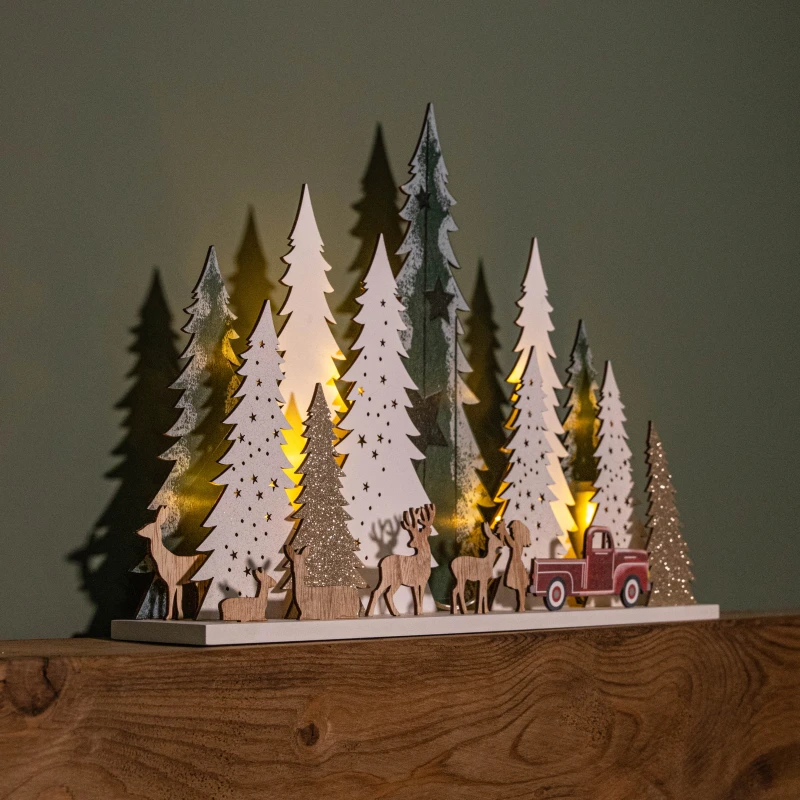 Image of 31cm Battery Operated Light up Wooden Christmas Tree with Deer and 15 Warm White LEDs