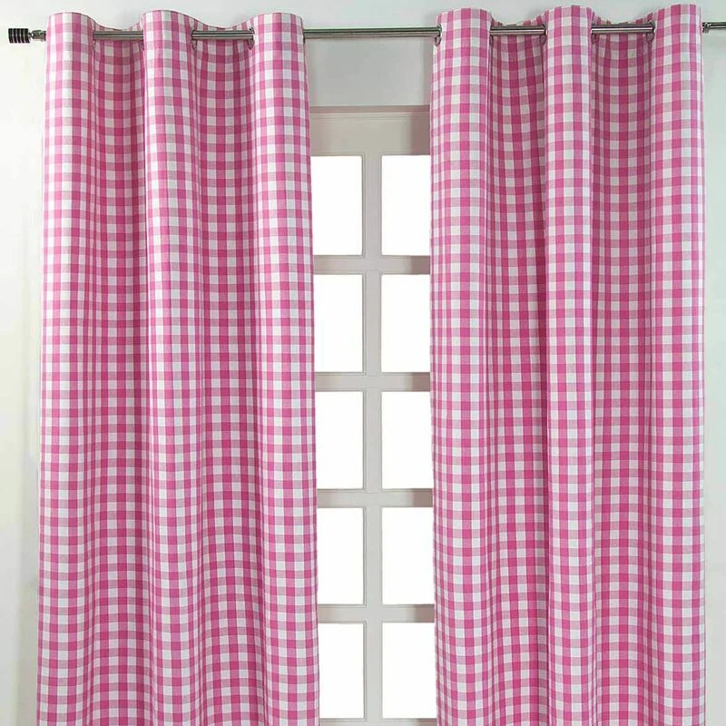 Image of Homescapes Cotton Block Check Gingham Eyelet Curtain Pair Pink